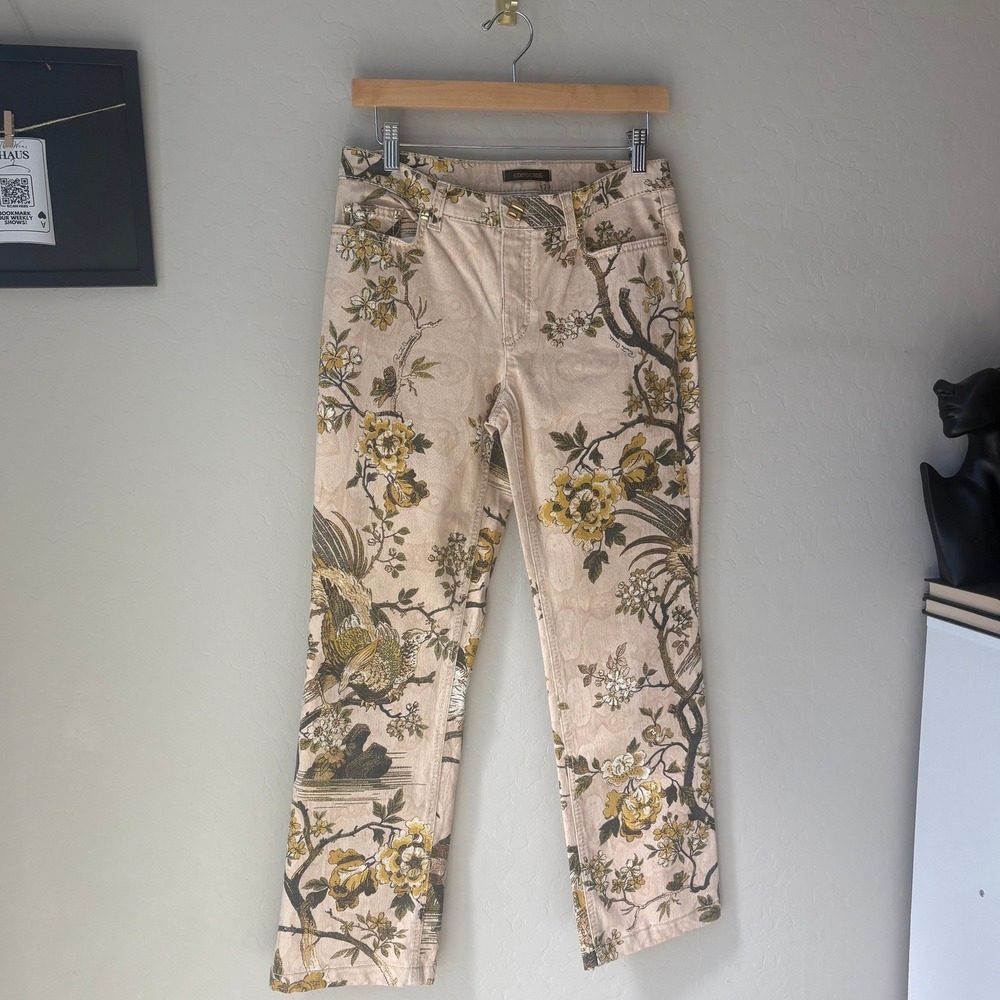Roberto Cavalli Pants Floral Bird Print Straight Leg‎ Pants Tan Cotton Size 44